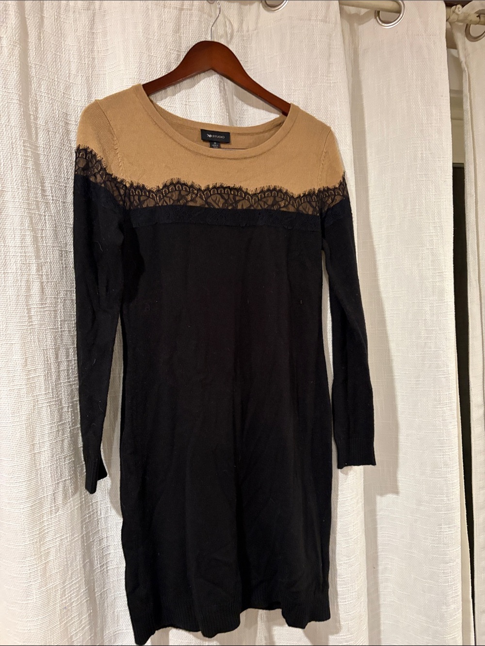 White House Black Market Black and Tan Lace-Yoke Long Sleeve Sweater Dress